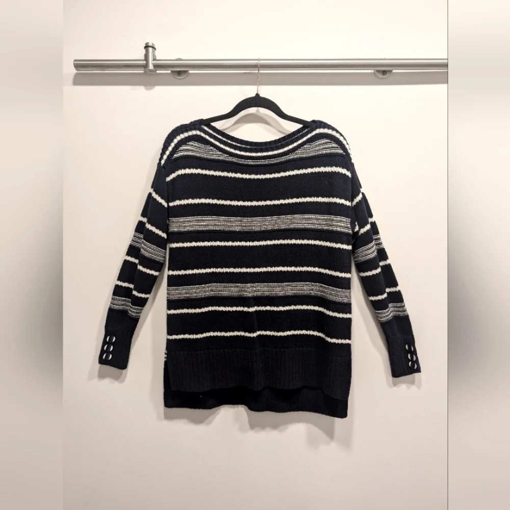 Blue and White Striped Boat Neck Nautical High-Low Sweater Size Small